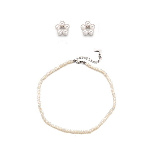 [7/14 순차출고][SET]Petit Flower Earring +Margaret Pearl Layered Necklace