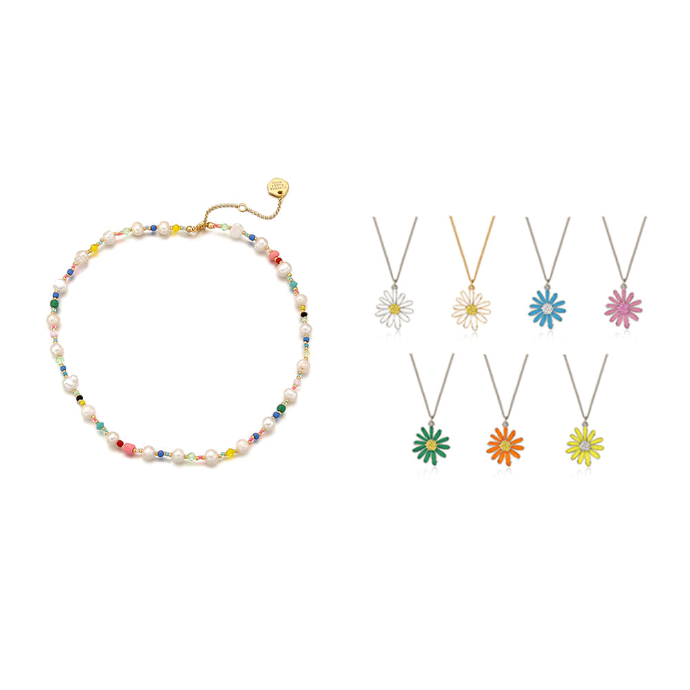[SET] Pearl n Crystal Beads Necklace+Vintage Daisy Necklace_7Color